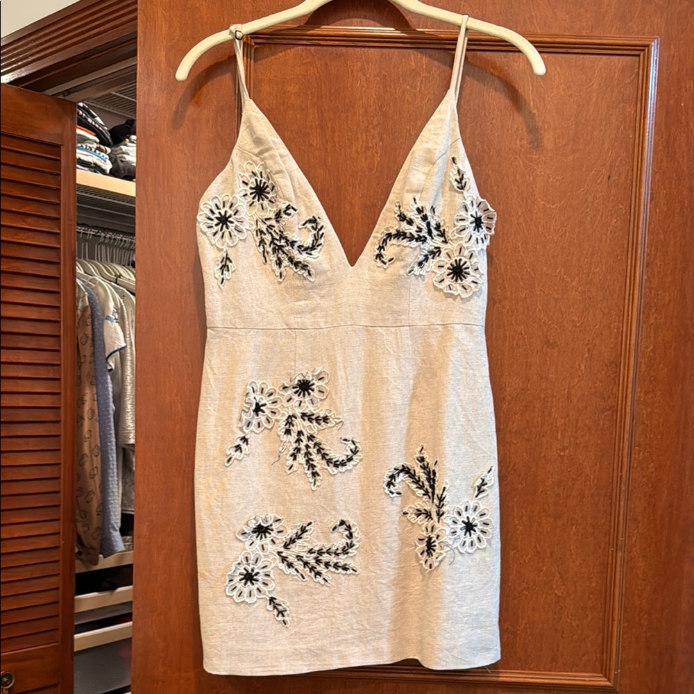NBD Beige Mini Dress with Black Floral Embroidery